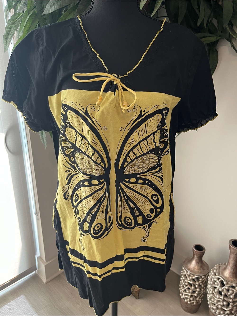 Koi Black and Yellow Butterfly Tie-Front Scrub Top